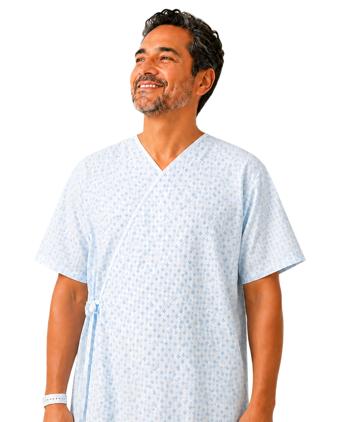 A smiling patient in a hospital gown