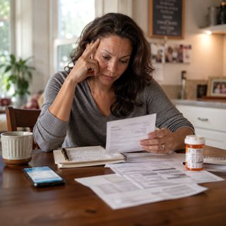 A patient reviewing paperwork at her kitchen table